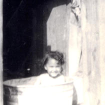 Patricia in tub on the farm