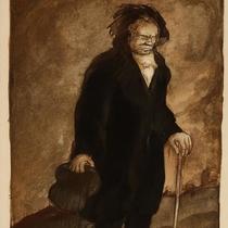 Beethoven walking alone with coat, hat and cane
