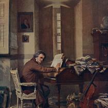 Beethoven composing at the piano in his study in the Schwarzspanierhaus