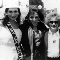Carla La Mar, Miss Gay San Jose 1977 posing with Crescent Shalimar and Smokey.