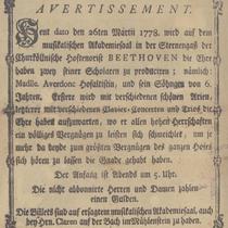 Announcement of a concert in Cologne on March 26, 1778, featuring two of Johann van Beethoven’s students, including his “six-year-old” son Ludwig